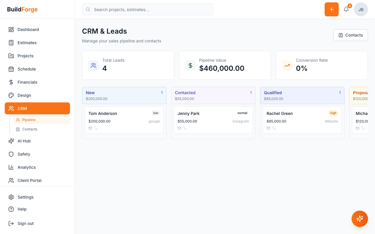 CRM & Pipeline — BuildForge demo